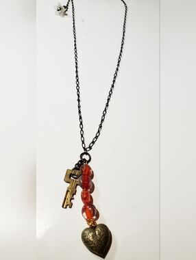 Amber Inspired Bead Key Charm Necklace - Black Chain One Of A Kind Crafted